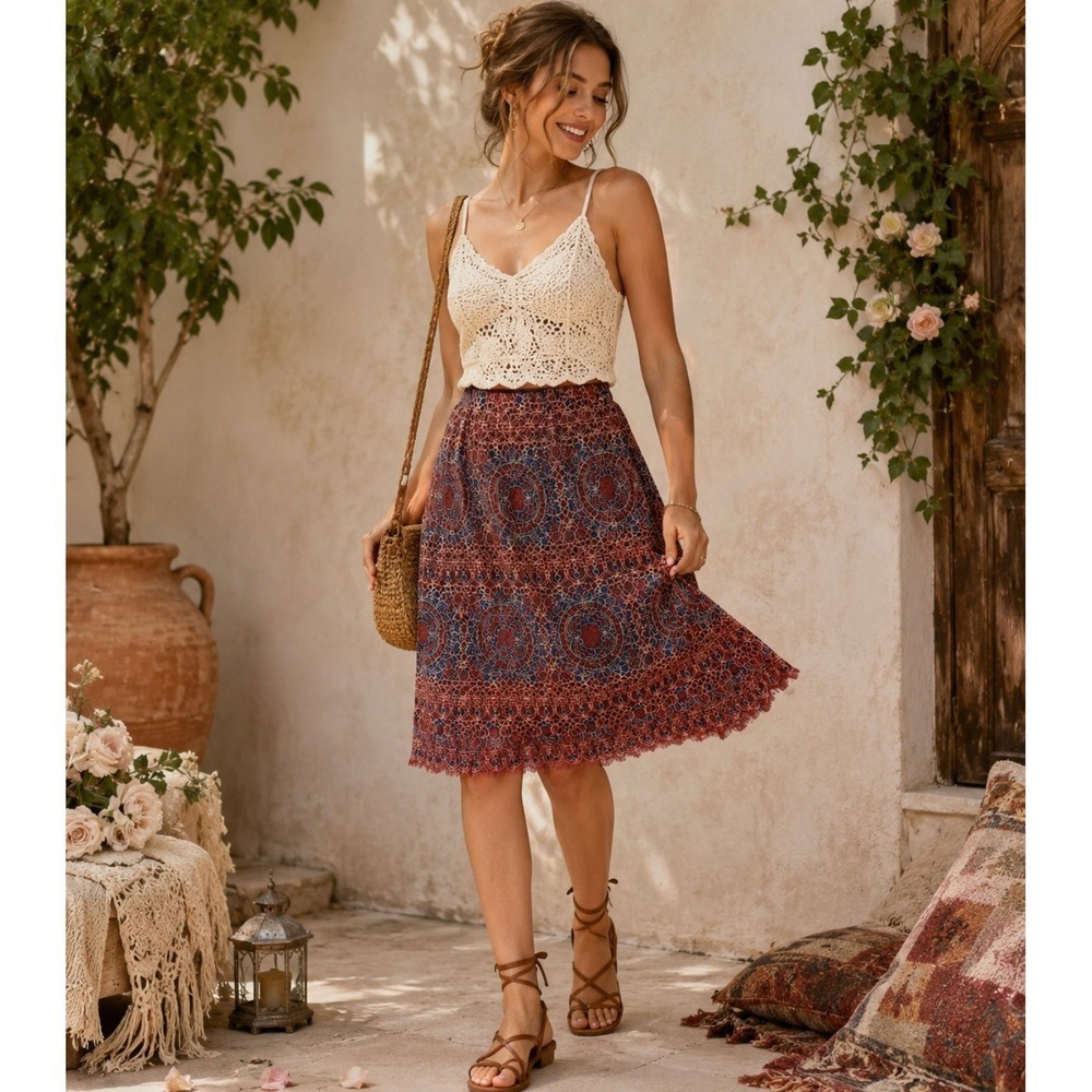 SUNDANCE Elisa Lace Skirt Bohemian Feminine Coquette Scalloped Hem Medium